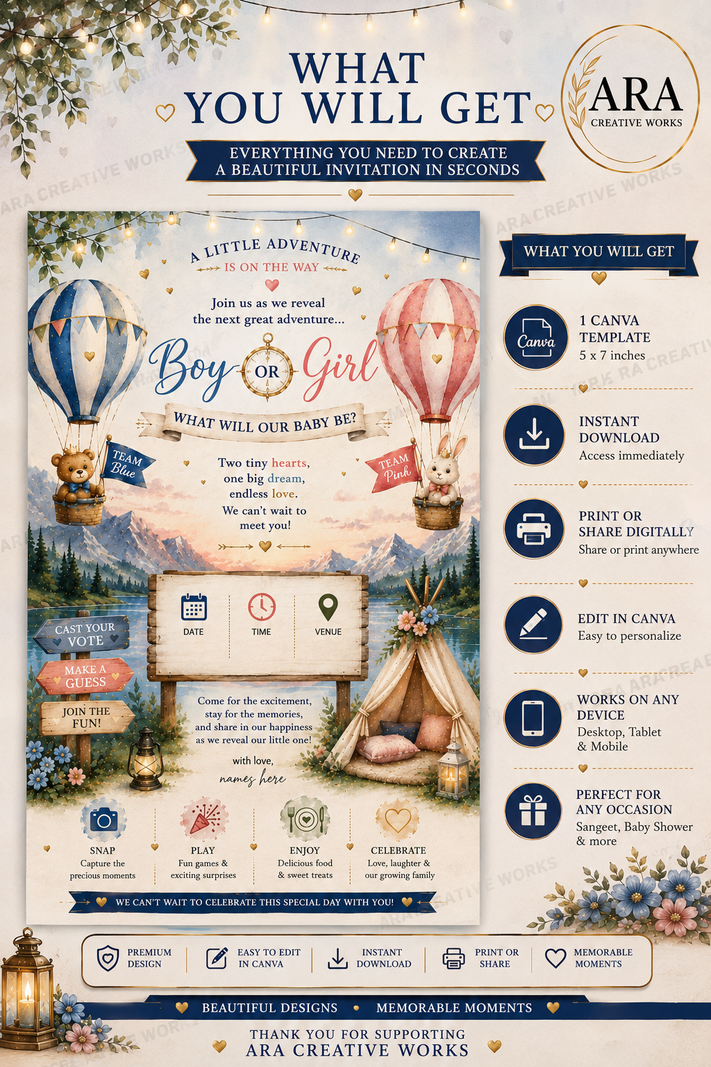 Adventure Awaits Gender Reveal Invitation Template | Canva Editable | Instant Download
