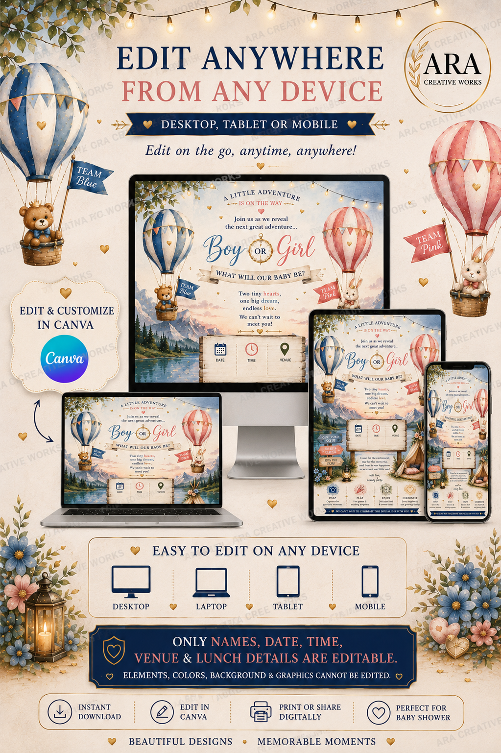 Adventure Awaits Gender Reveal Invitation Template | Canva Editable | Instant Download