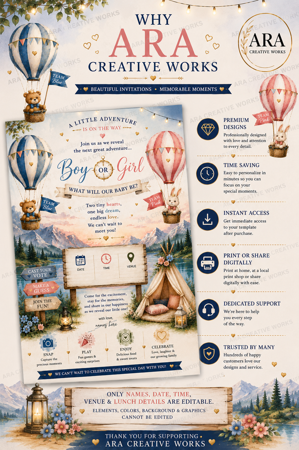 Adventure Awaits Gender Reveal Invitation Template | Canva Editable | Instant Download