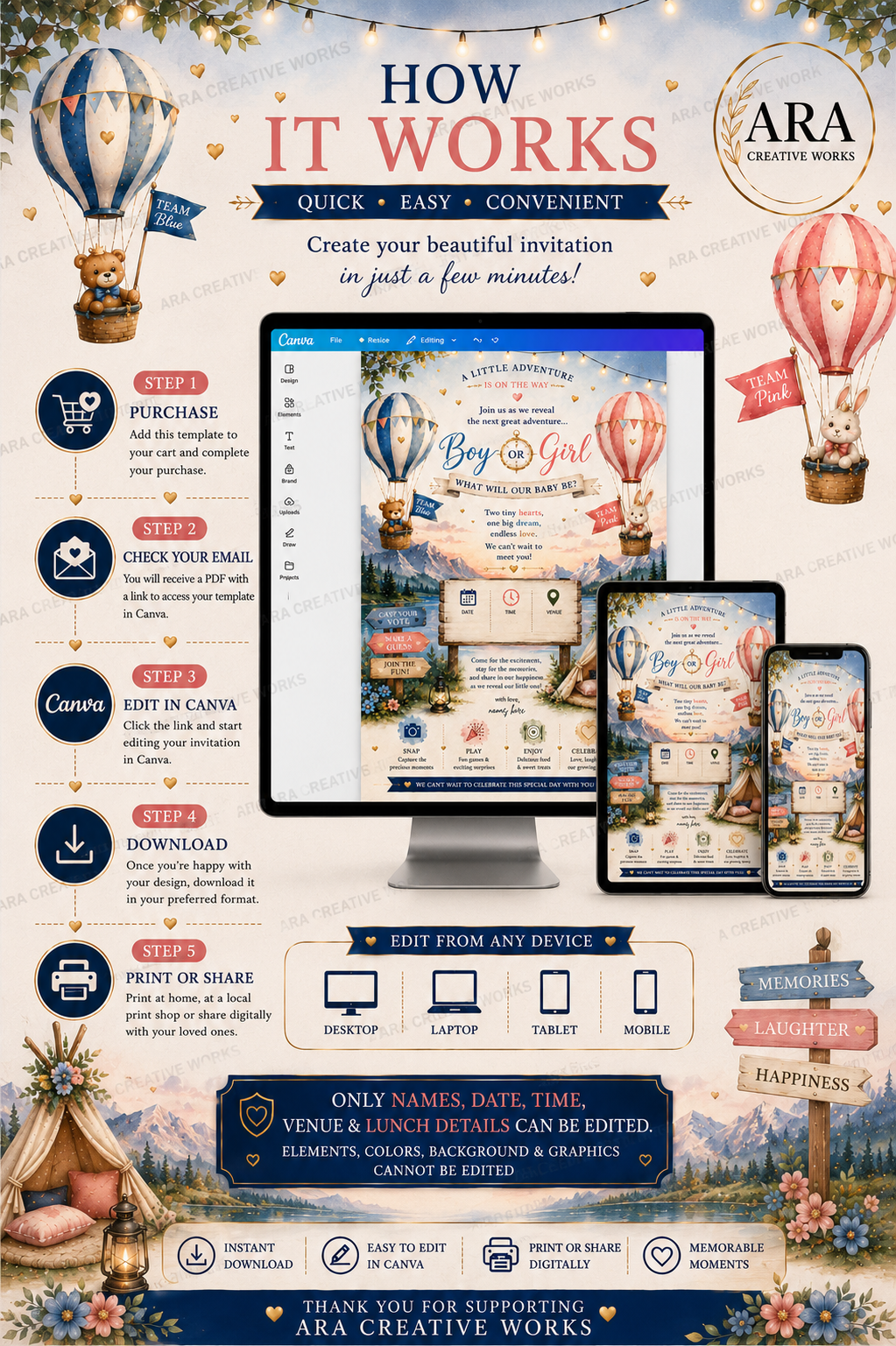 Adventure Awaits Gender Reveal Invitation Template | Canva Editable | Instant Download