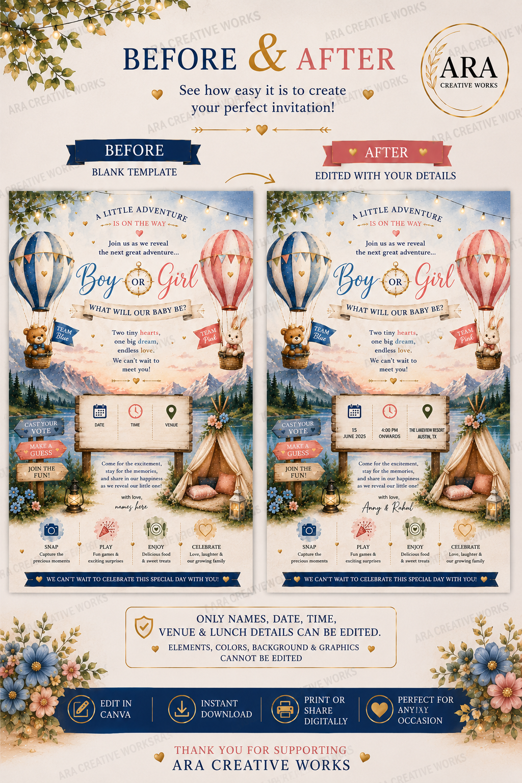 Adventure Awaits Gender Reveal Invitation Template | Canva Editable | Instant Download
