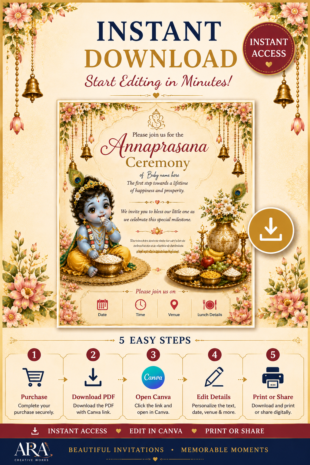 Little Krishna Annaprasana Ceremony Invitation Template | Editable Canva First Rice Ceremony Invitation | Instant Digital Download