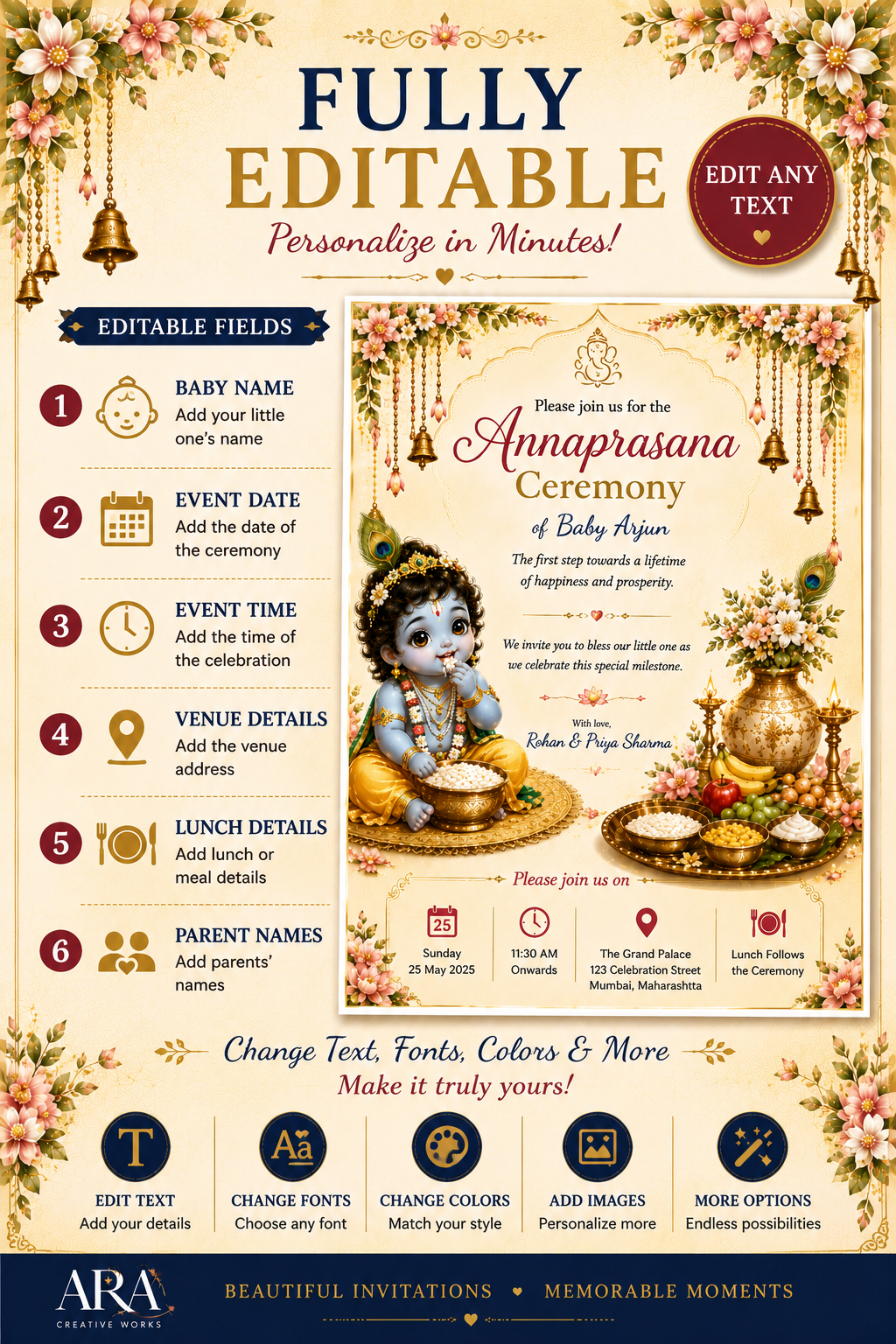 Little Krishna Annaprasana Ceremony Invitation Template | Editable Canva First Rice Ceremony Invitation | Instant Digital Download