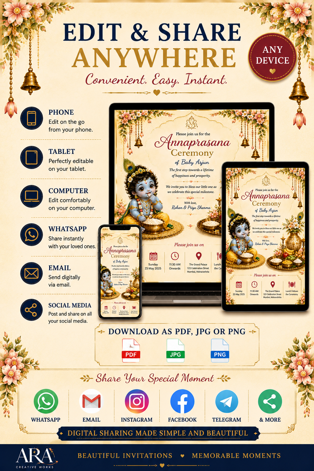 Little Krishna Annaprasana Ceremony Invitation Template | Editable Canva First Rice Ceremony Invitation | Instant Digital Download