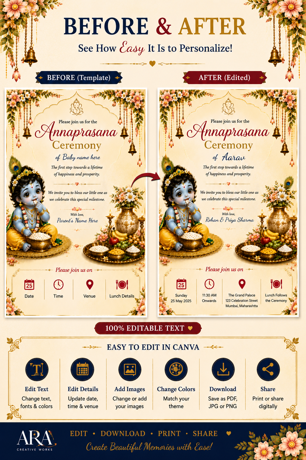 Little Krishna Annaprasana Ceremony Invitation Template | Editable Canva First Rice Ceremony Invitation | Instant Digital Download