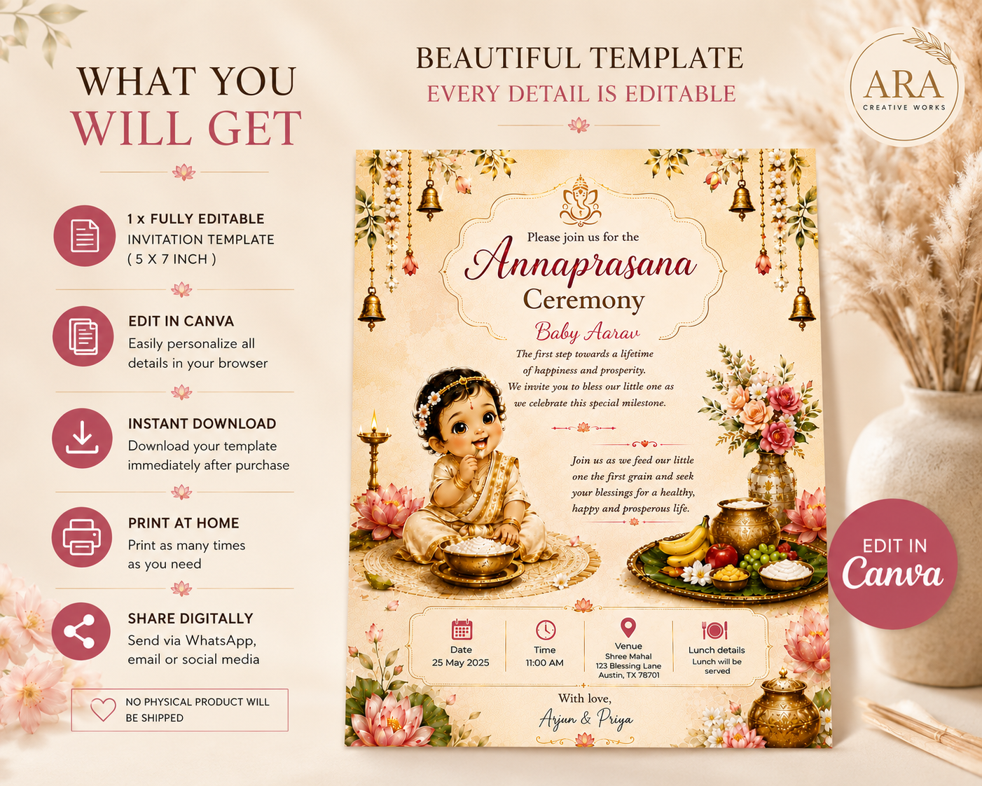 Editable Annaprasana Ceremony Invitation | First Rice Ceremony Invitation | Canva Template | Instant Digital Download