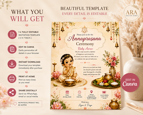 Editable Annaprasana Ceremony Invitation | First Rice Ceremony Invitation | Canva Template | Instant Digital Download