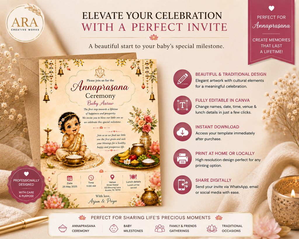 Editable Annaprasana Ceremony Invitation | First Rice Ceremony Invitation | Canva Template | Instant Digital Download
