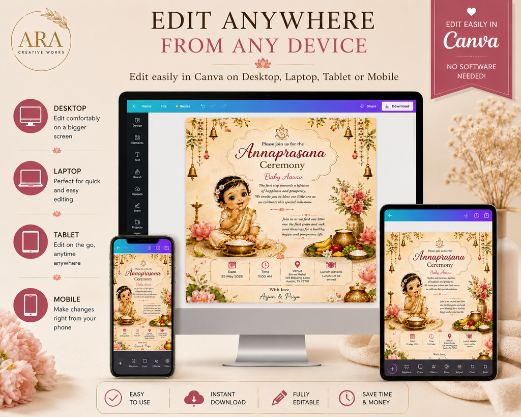 Editable Annaprasana Ceremony Invitation | First Rice Ceremony Invitation | Canva Template | Instant Digital Download
