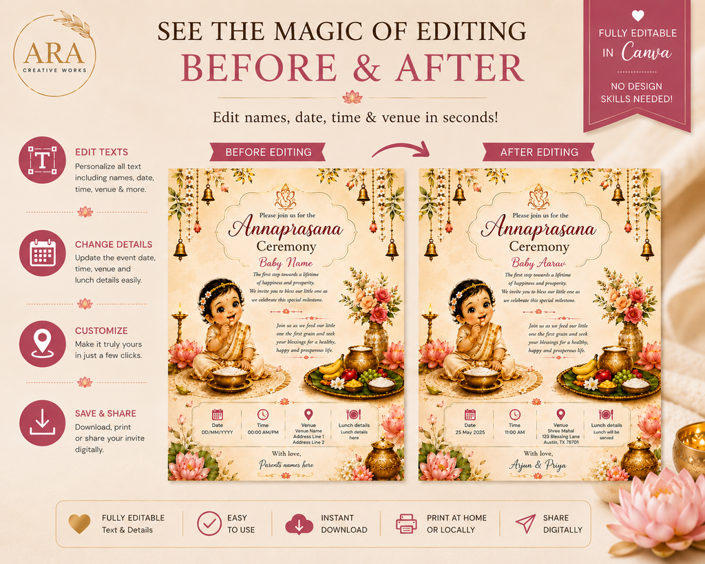 Editable Annaprasana Ceremony Invitation | First Rice Ceremony Invitation | Canva Template | Instant Digital Download