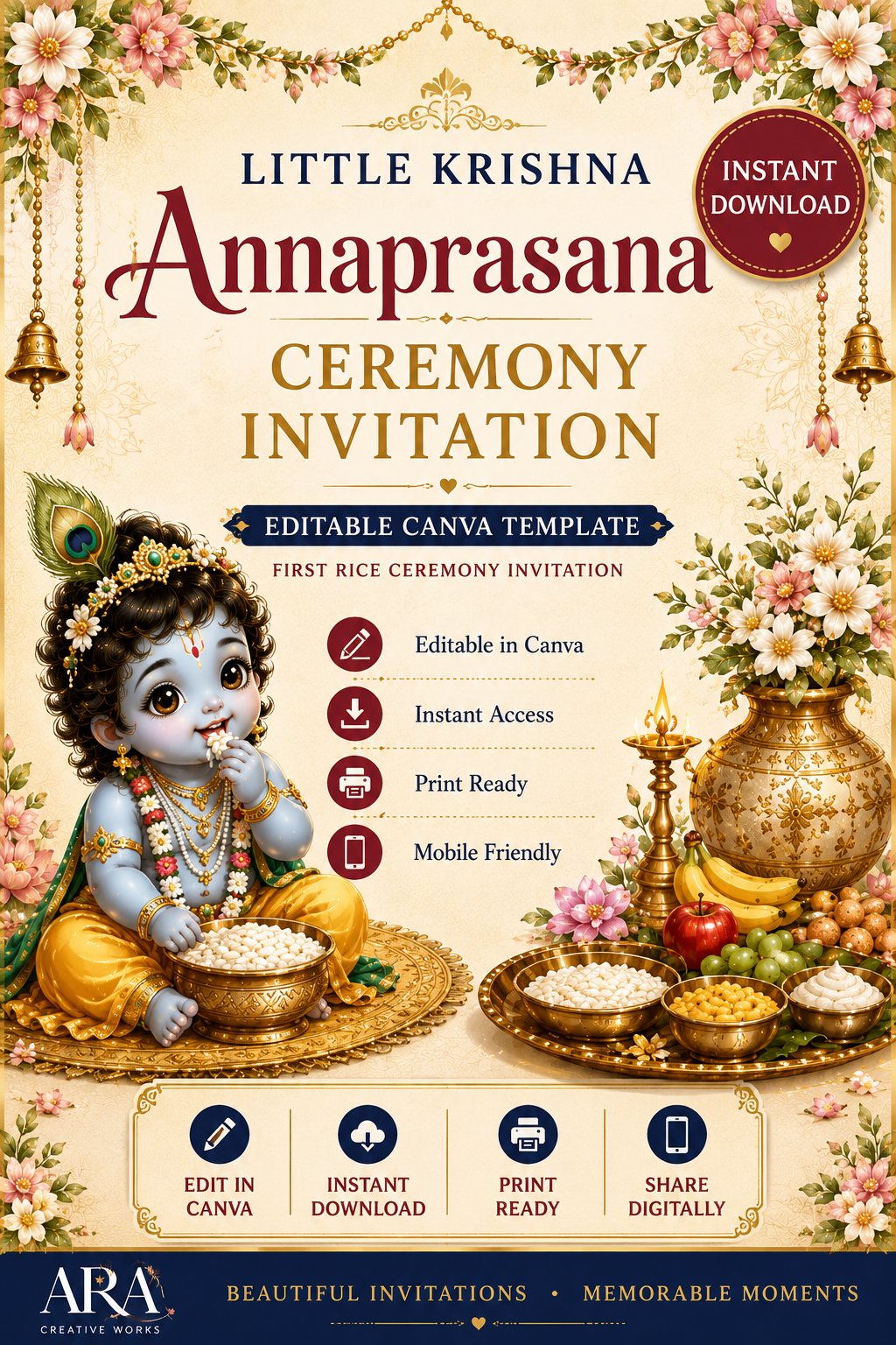 Little Krishna Annaprasana Ceremony Invitation Template | Editable Canva First Rice Ceremony Invitation | Instant Digital Download