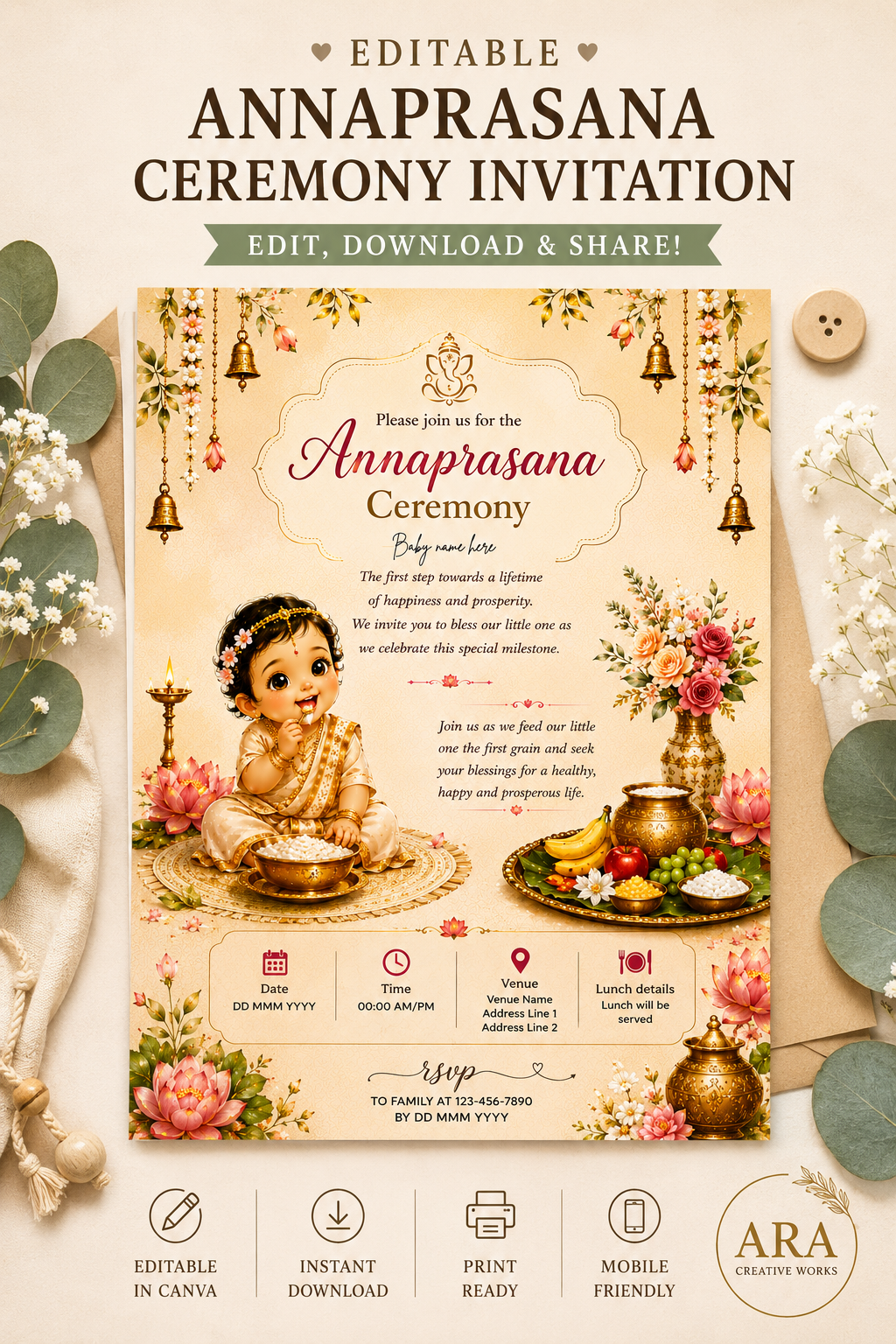 Editable Annaprasana Ceremony Invitation | First Rice Ceremony Invitation | Canva Template | Instant Digital Download
