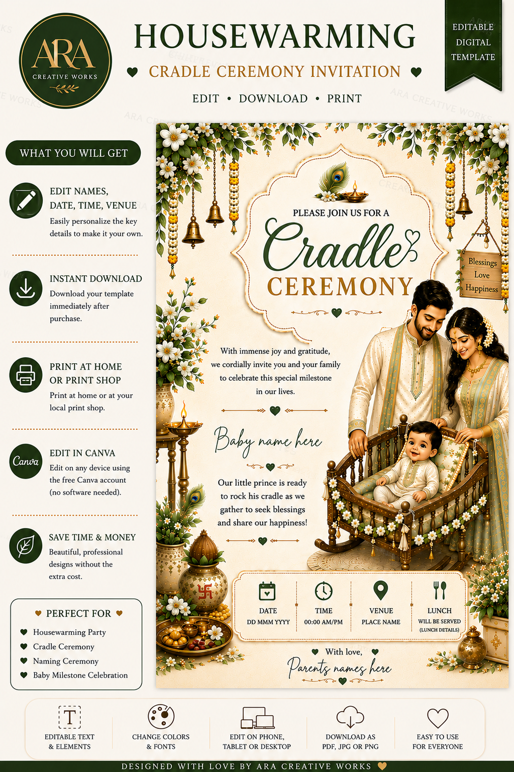 Traditional Baby Boy Cradle Ceremony Invitation | Editable Canva Template | Family Namakaran Invitation | Digital Download