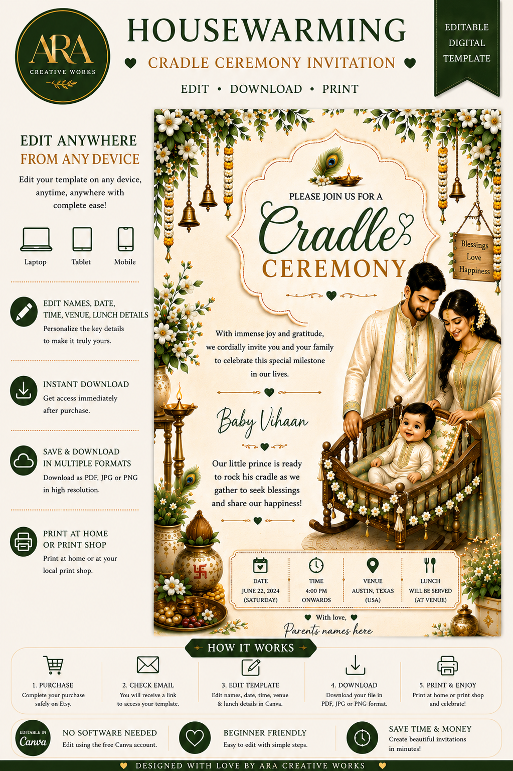 Traditional Baby Boy Cradle Ceremony Invitation | Editable Canva Template | Family Namakaran Invitation | Digital Download