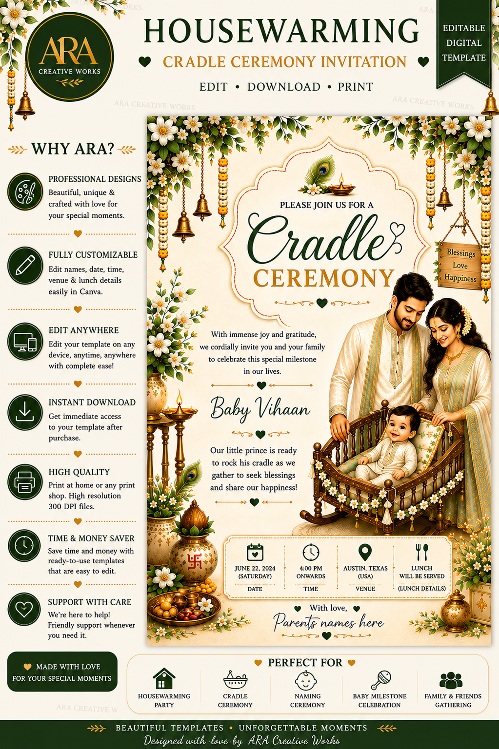 Traditional Baby Boy Cradle Ceremony Invitation | Editable Canva Template | Family Namakaran Invitation | Digital Download