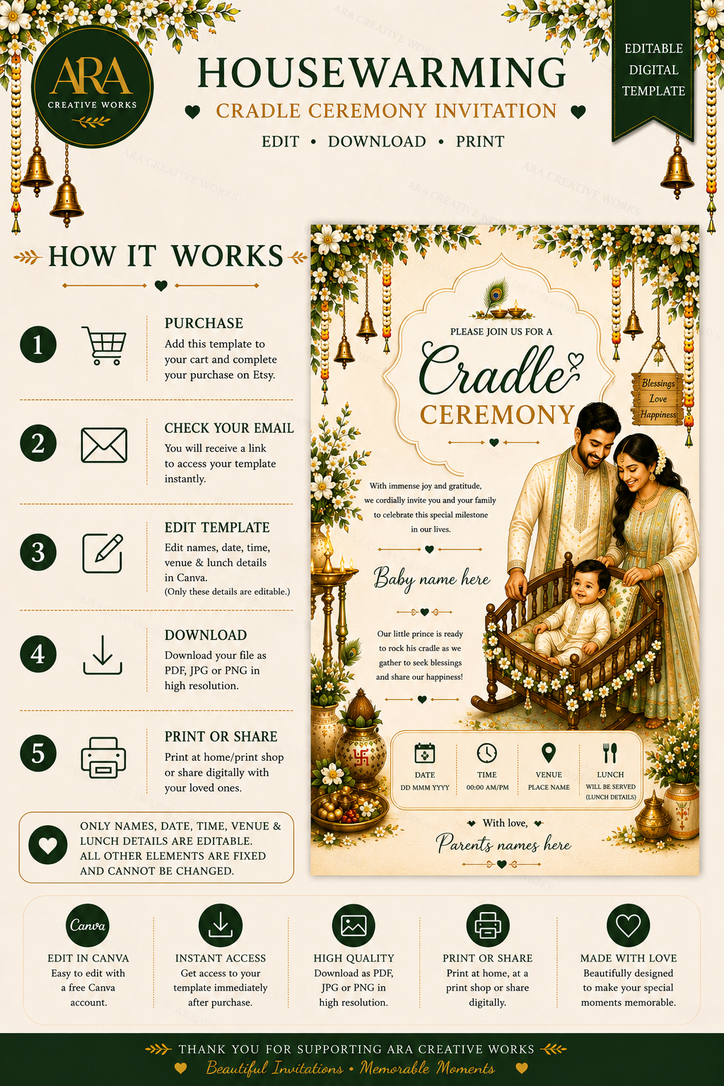 Traditional Baby Boy Cradle Ceremony Invitation | Editable Canva Template | Family Namakaran Invitation | Digital Download