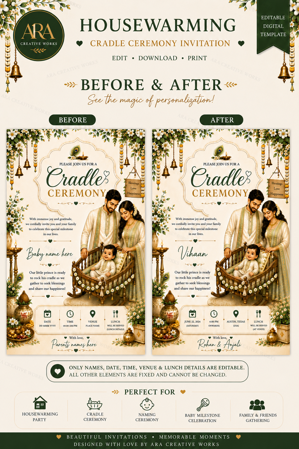 Traditional Baby Boy Cradle Ceremony Invitation | Editable Canva Template | Family Namakaran Invitation | Digital Download