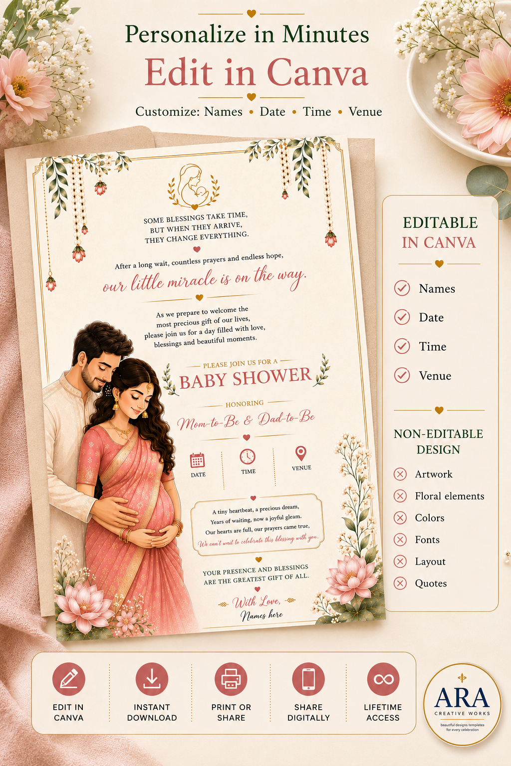 Elegant Baby Shower Invitation Template | Editable Canva Invitation | Indian Floral Baby Shower Invite | Digital Download