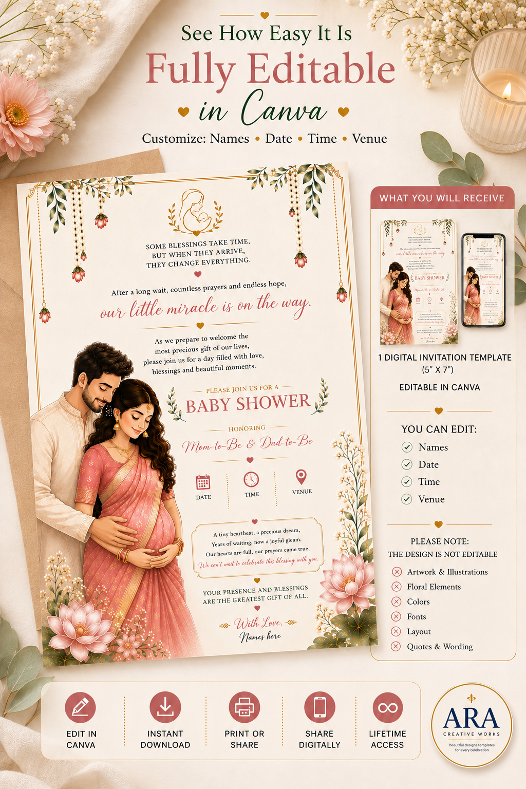 Elegant Baby Shower Invitation Template | Editable Canva Invitation | Indian Floral Baby Shower Invite | Digital Download