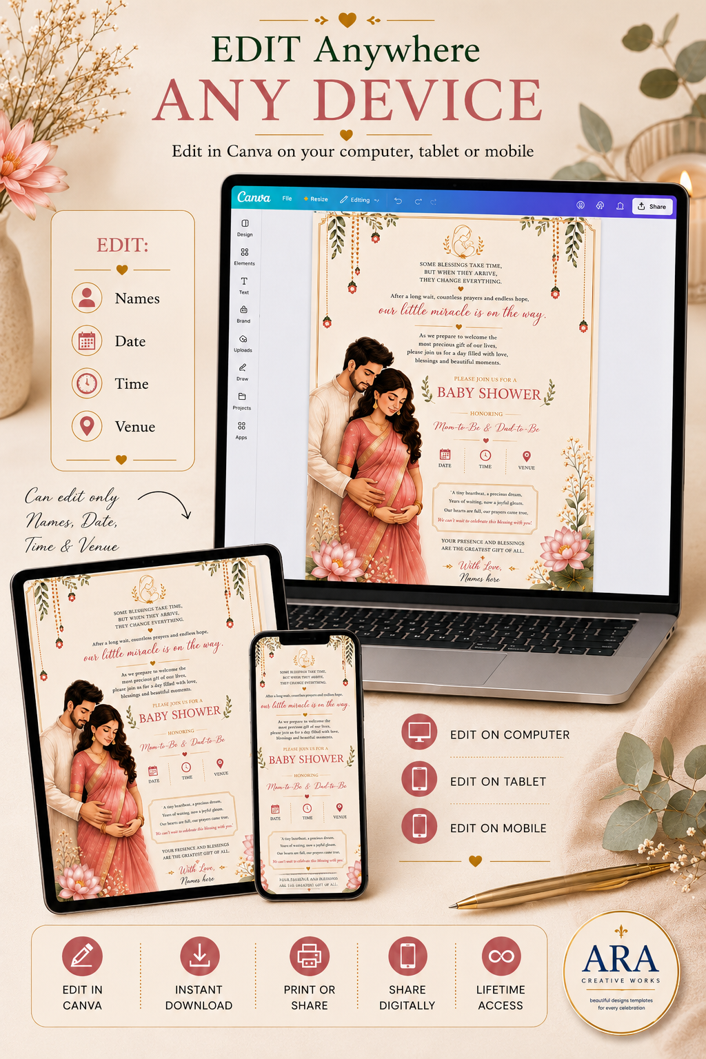 Elegant Baby Shower Invitation Template | Editable Canva Invitation | Indian Floral Baby Shower Invite | Digital Download