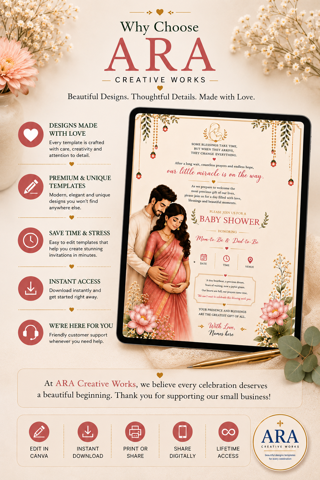 Elegant Baby Shower Invitation Template | Editable Canva Invitation | Indian Floral Baby Shower Invite | Digital Download