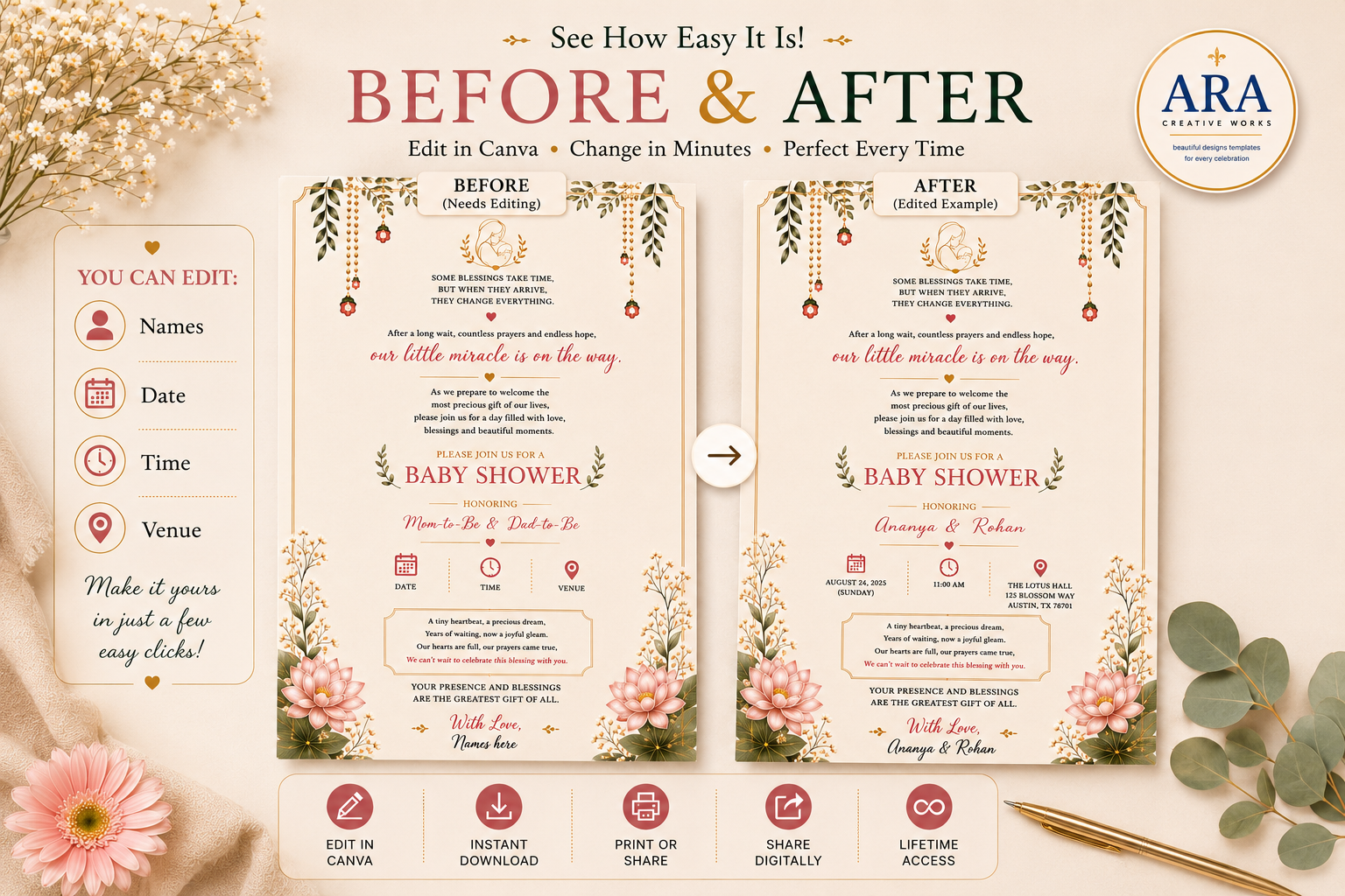 Elegant Baby Shower Invitation Template | Editable Canva Invitation | Indian Floral Baby Shower Invite | Digital Download