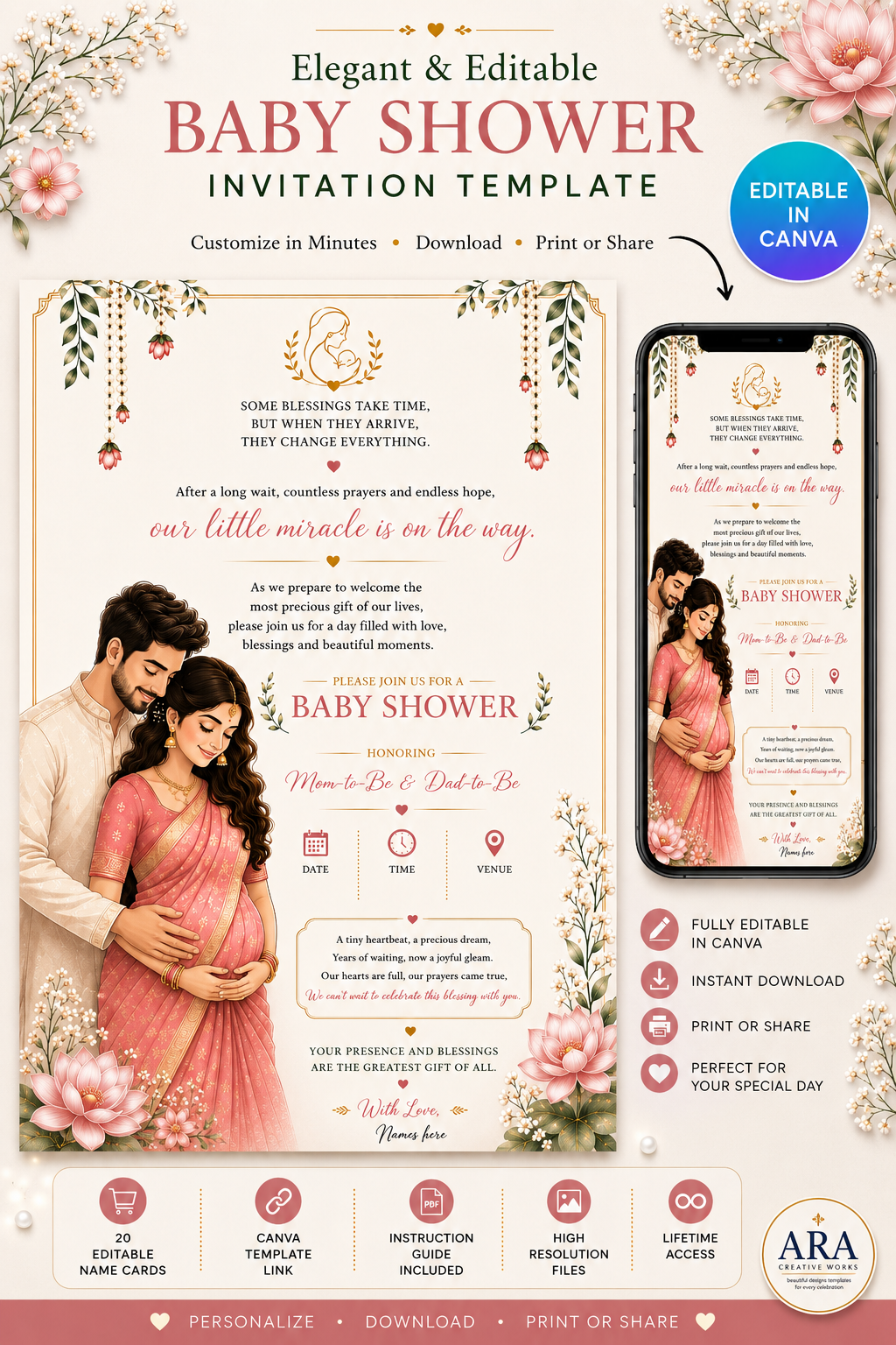 Elegant Baby Shower Invitation Template | Editable Canva Invitation | Indian Floral Baby Shower Invite | Digital Download