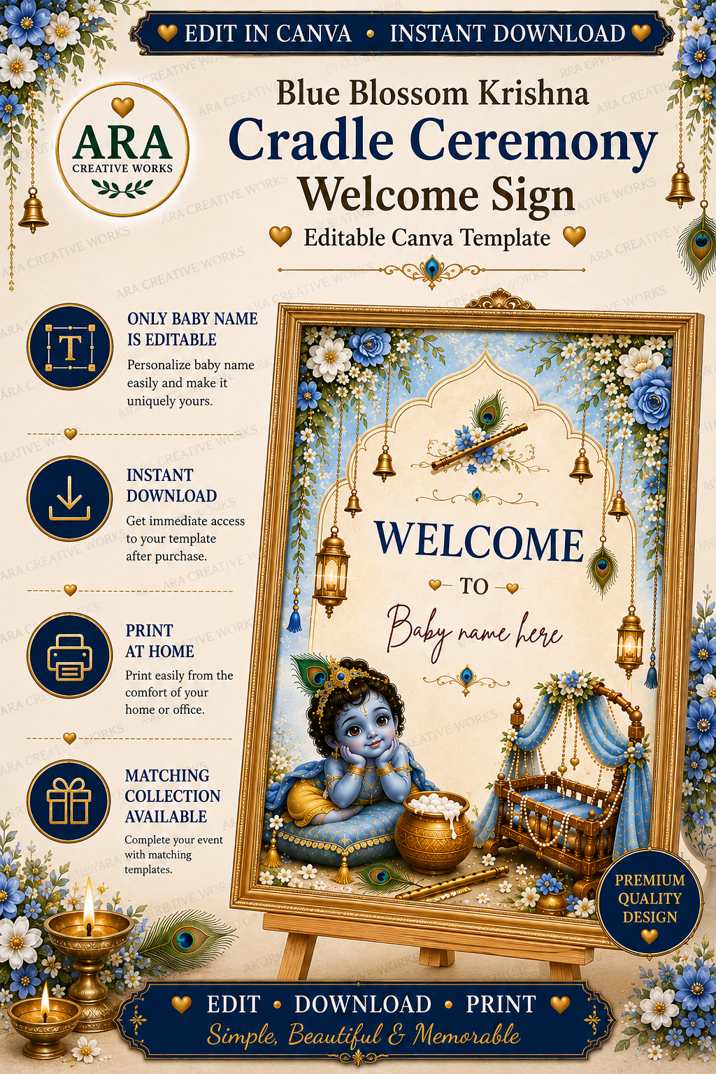 Blue Blossom Krishna Cradle Ceremony Welcome Sign – Editable Canva Template