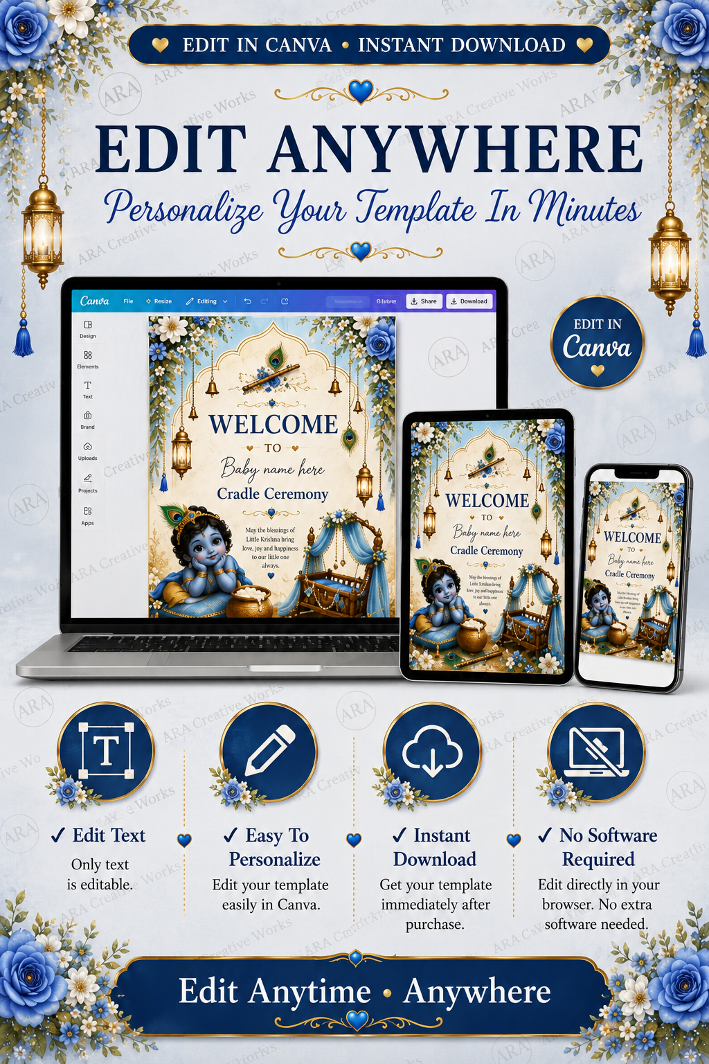 Blue Blossom Krishna Cradle Ceremony Welcome Sign – Editable Canva Template