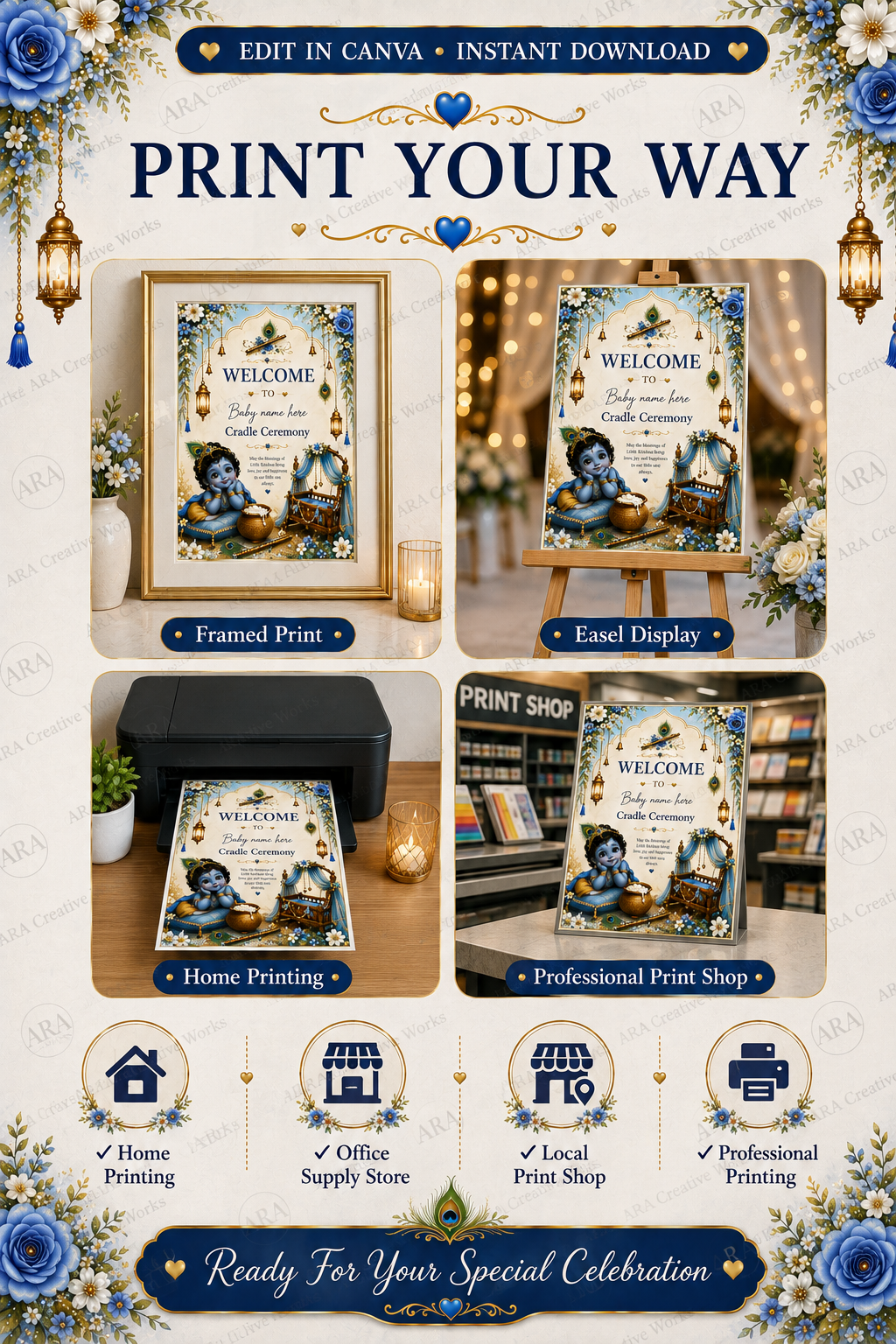 Blue Blossom Krishna Cradle Ceremony Welcome Sign – Editable Canva Template