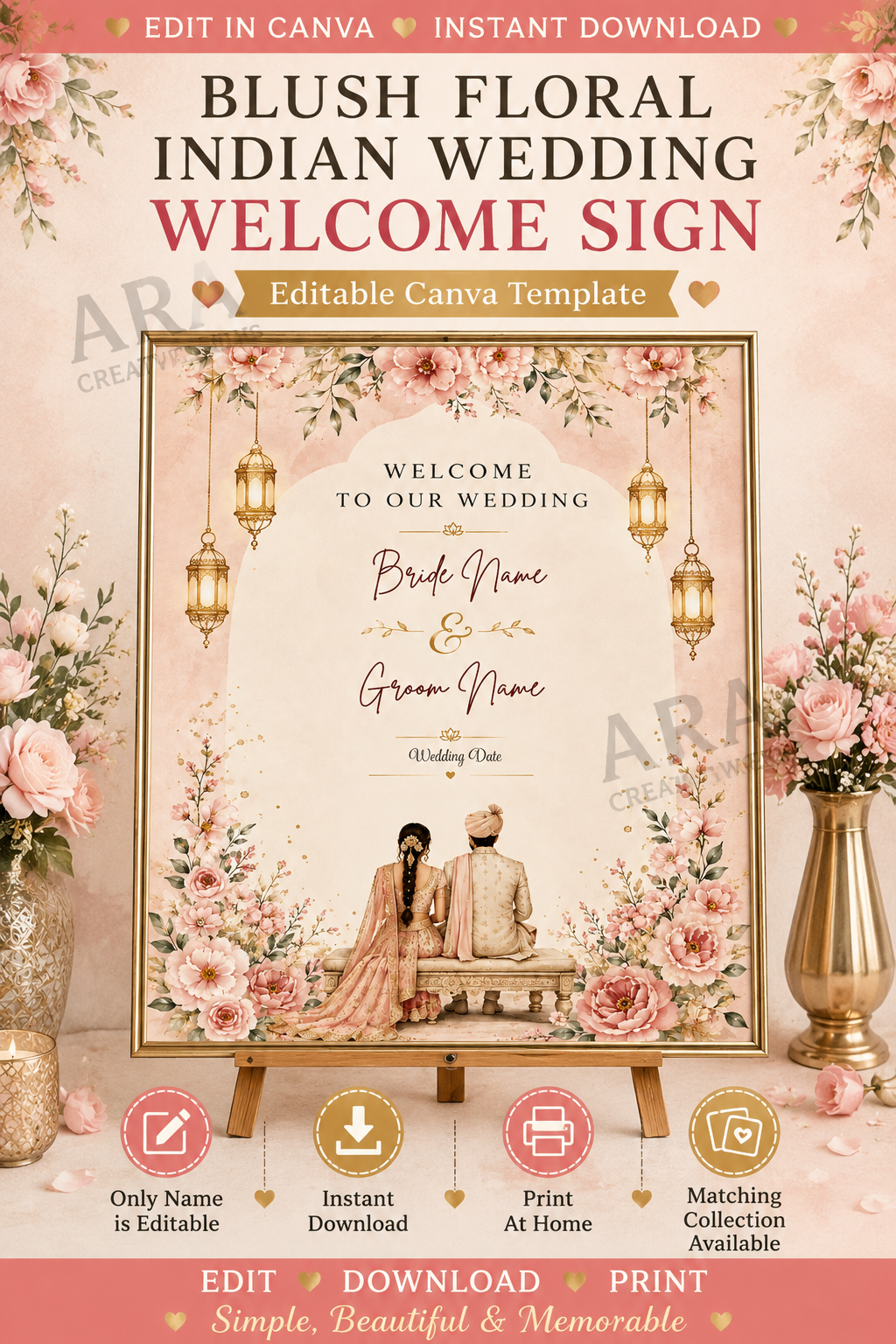 Blush Floral Indian Wedding Welcome Sign | Editable Canva Wedding Sign | Indian Wedding Decor | Bride Groom Welcome Sign | Instant Download