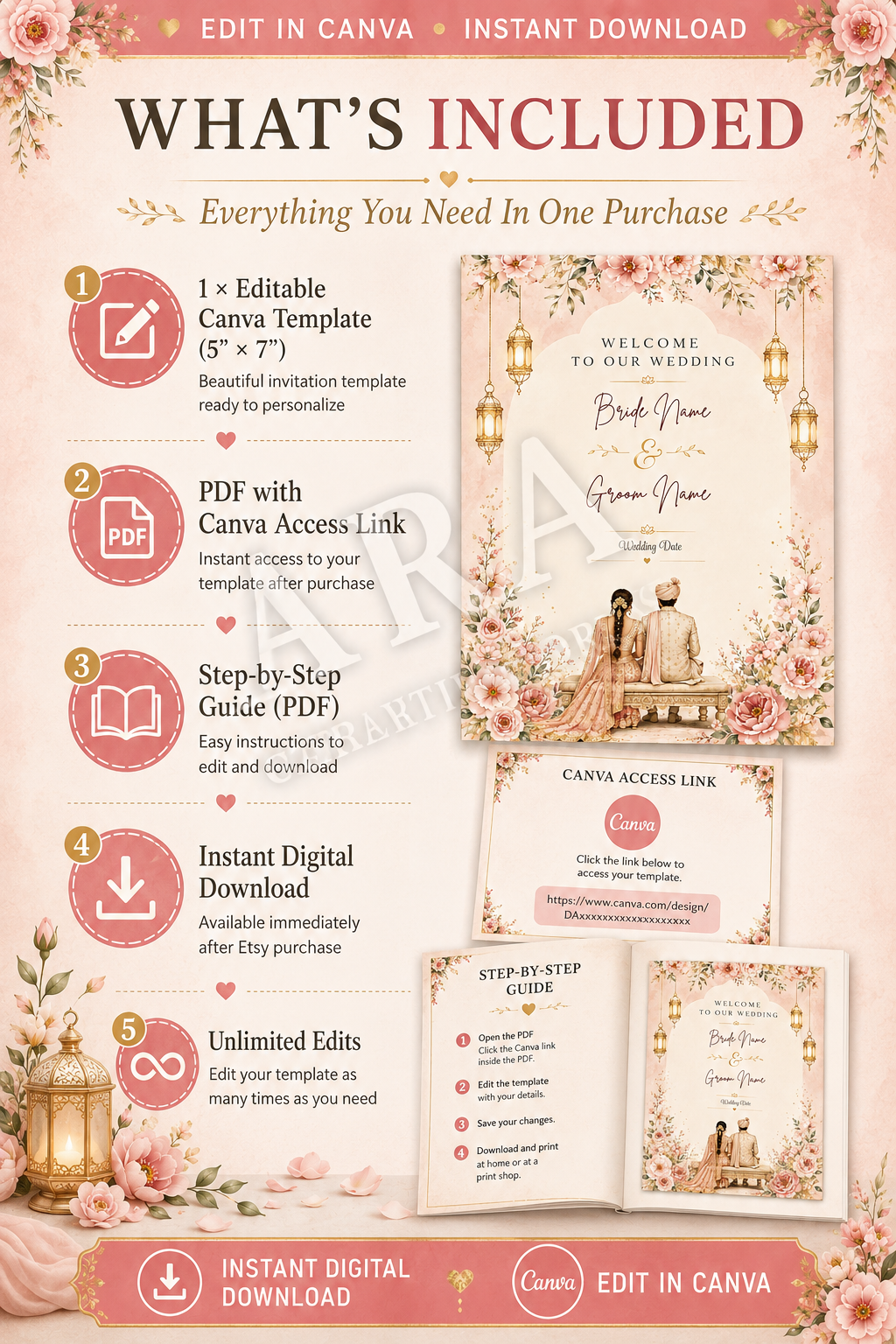 Blush Floral Indian Wedding Welcome Sign | Editable Canva Wedding Sign | Indian Wedding Decor | Bride Groom Welcome Sign | Instant Download