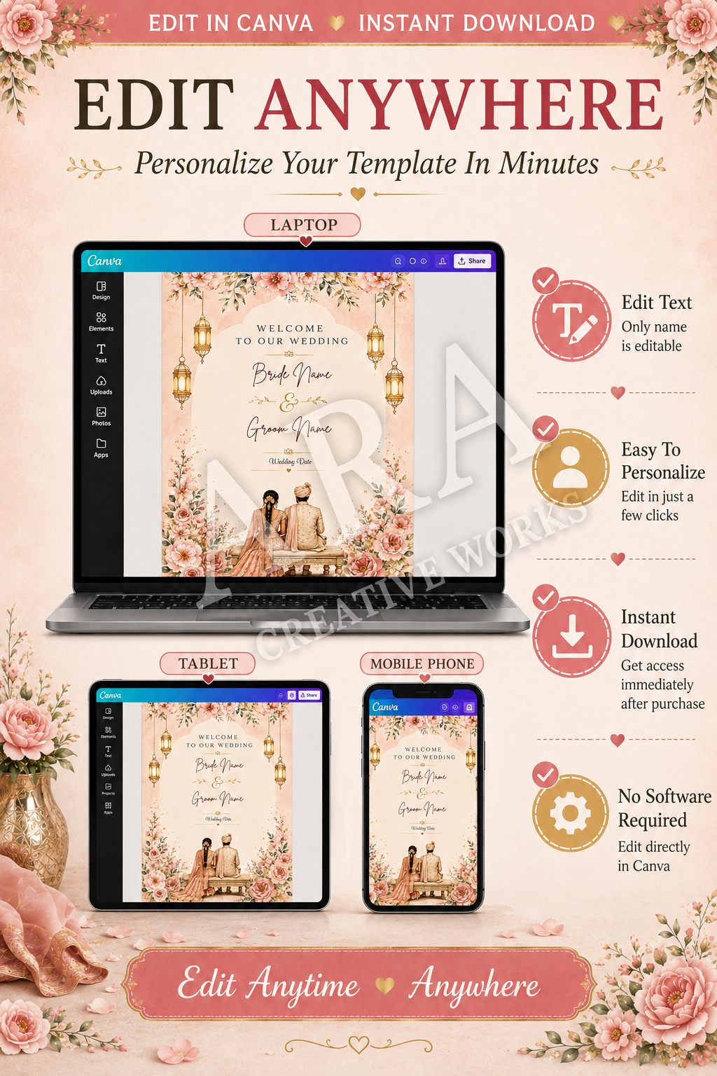 Blush Floral Indian Wedding Welcome Sign | Editable Canva Wedding Sign | Indian Wedding Decor | Bride Groom Welcome Sign | Instant Download