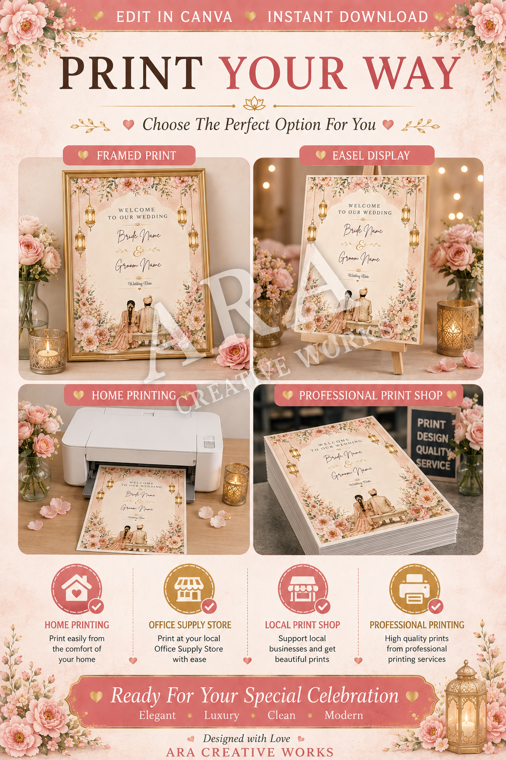 Blush Floral Indian Wedding Welcome Sign | Editable Canva Wedding Sign | Indian Wedding Decor | Bride Groom Welcome Sign | Instant Download