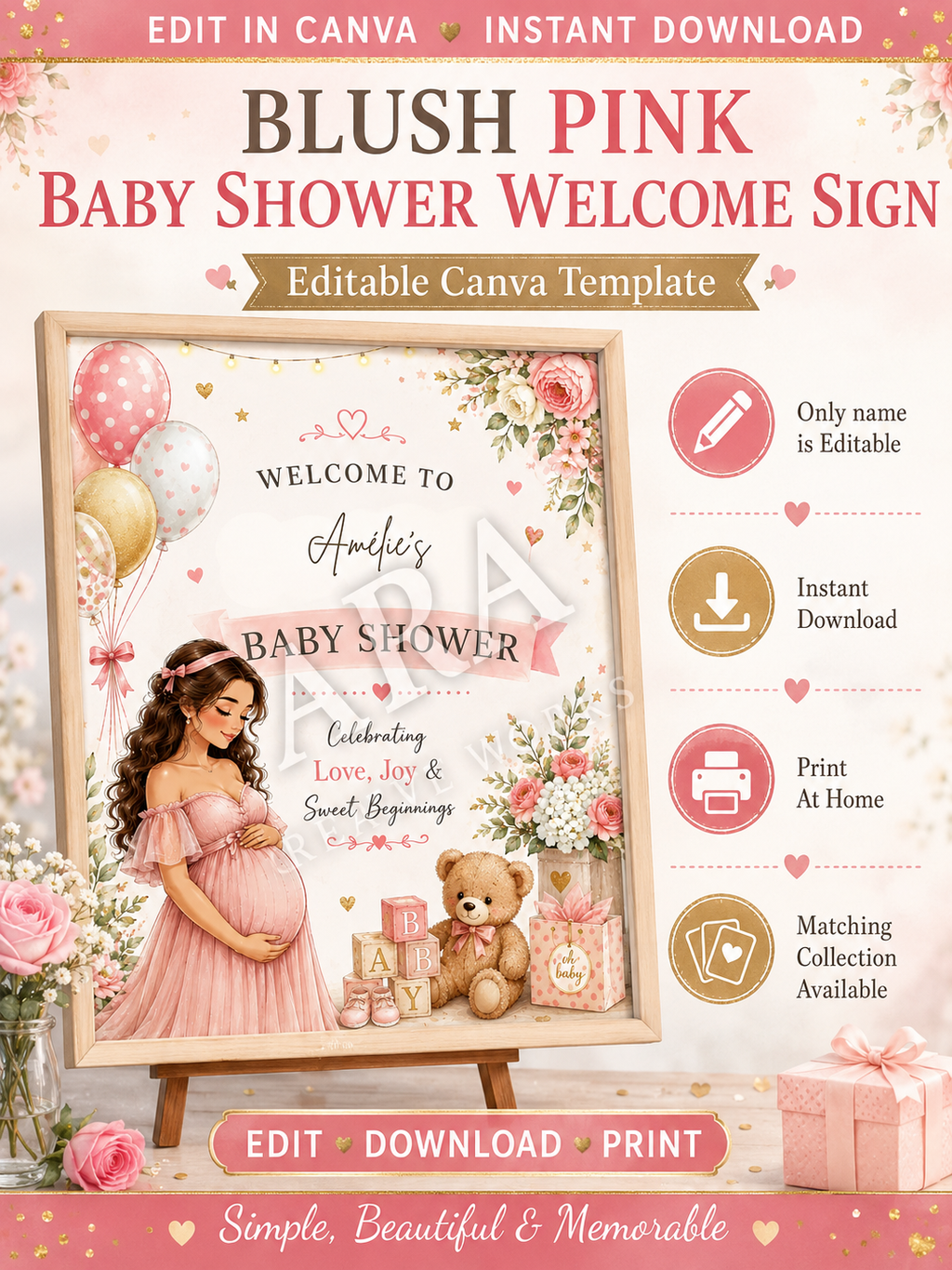 Blush Pink Baby Shower Welcome Sign | Editable Canva Template | Girl Baby Shower Sign | Pink Floral Baby Shower Decor | Digital Download