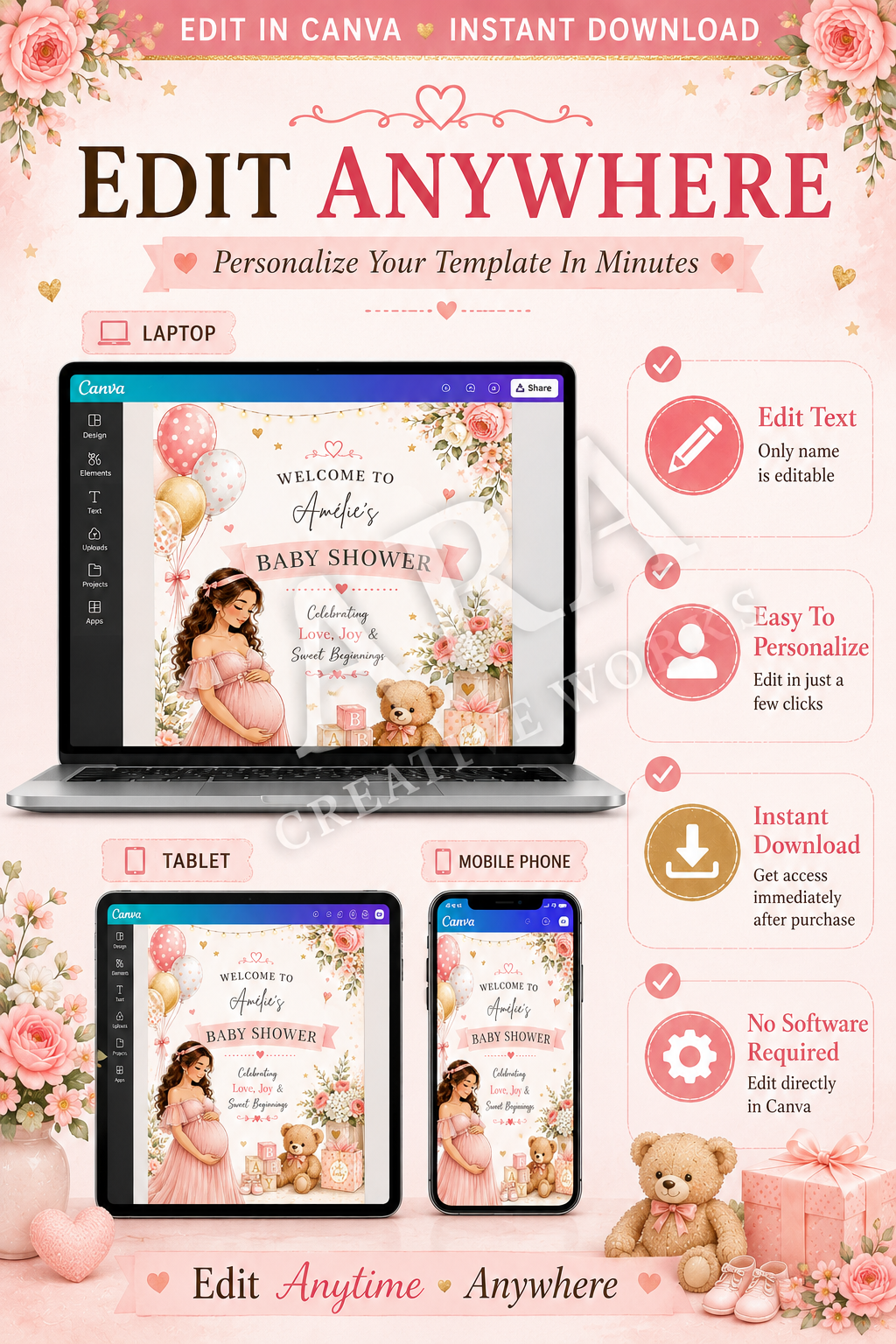 Blush Pink Baby Shower Welcome Sign | Editable Canva Template | Girl Baby Shower Sign | Pink Floral Baby Shower Decor | Digital Download
