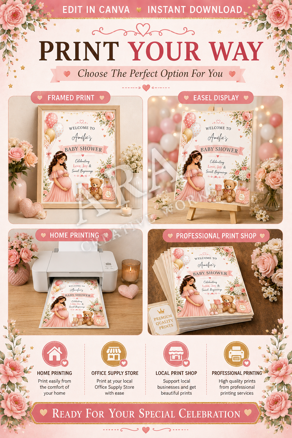 Blush Pink Baby Shower Welcome Sign | Editable Canva Template | Girl Baby Shower Sign | Pink Floral Baby Shower Decor | Digital Download