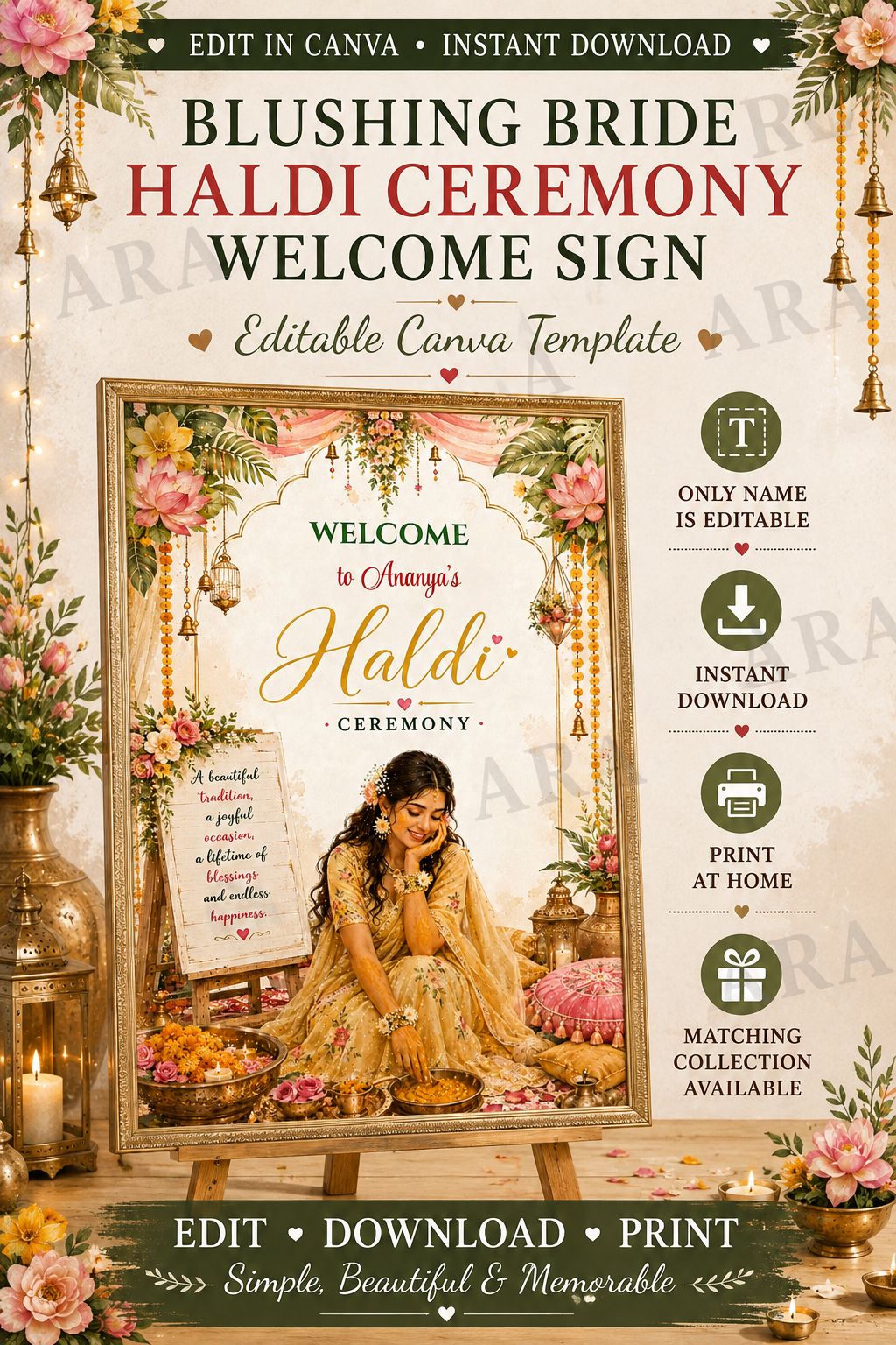 Blushing Bride Haldi Ceremony Welcome Sign | Editable Canva Haldi Welcome Board | Indian Wedding Haldi Decor | Digital Download