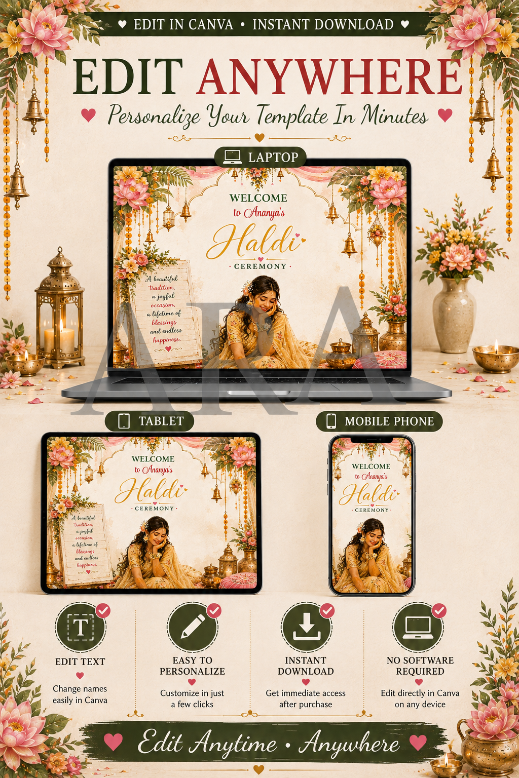 Blushing Bride Haldi Ceremony Welcome Sign | Editable Canva Haldi Welcome Board | Indian Wedding Haldi Decor | Digital Download