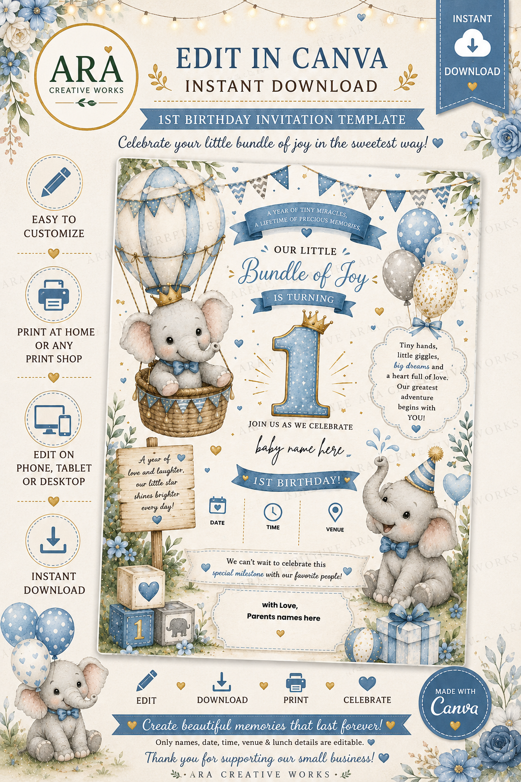 Boho Baby Elephant 1st Birthday Invitation Template | Editable Canva Birthday Invite | Instant Digital Download