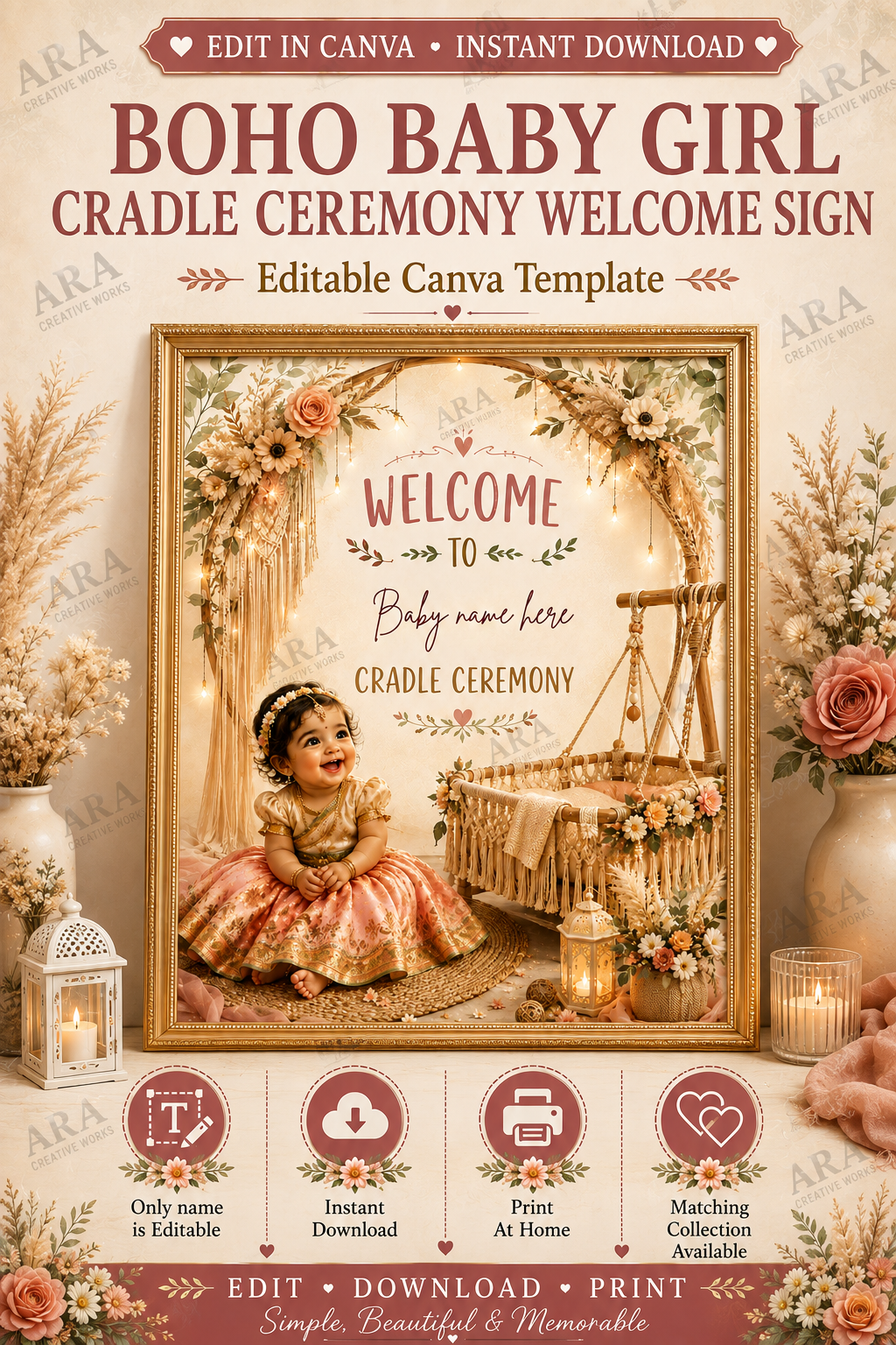 Boho Baby Girl Cradle Ceremony Welcome Sign, Indian Naming Ceremony Welcome Board, Namakaranam Canva Template, Digital Download