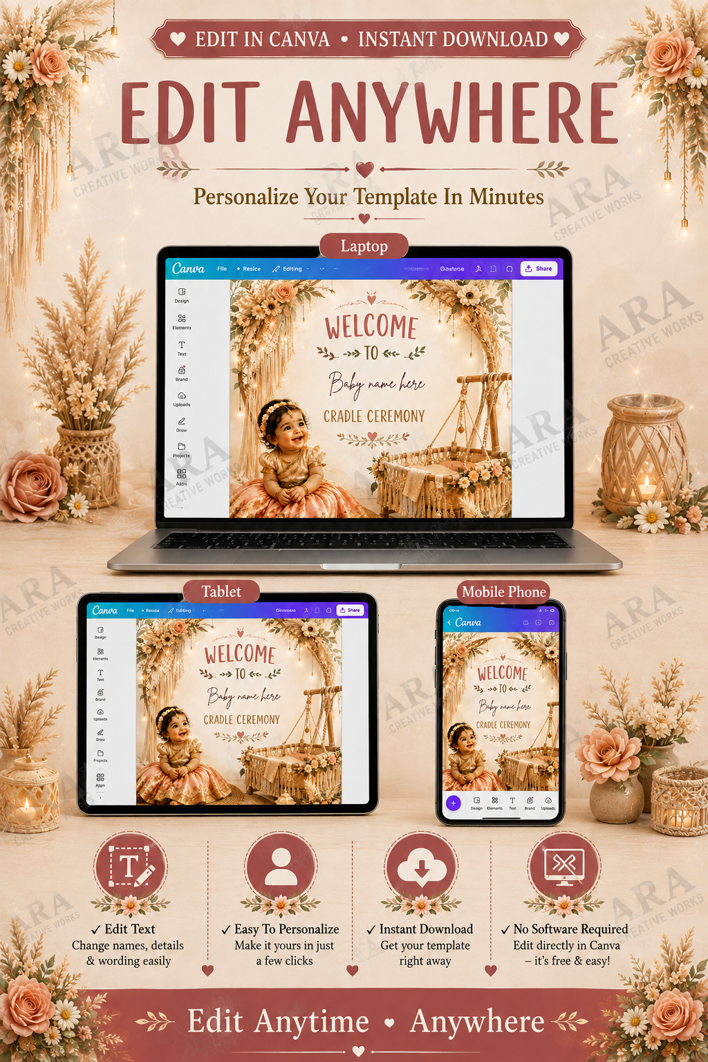 Boho Baby Girl Cradle Ceremony Welcome Sign, Indian Naming Ceremony Welcome Board, Namakaranam Canva Template, Digital Download