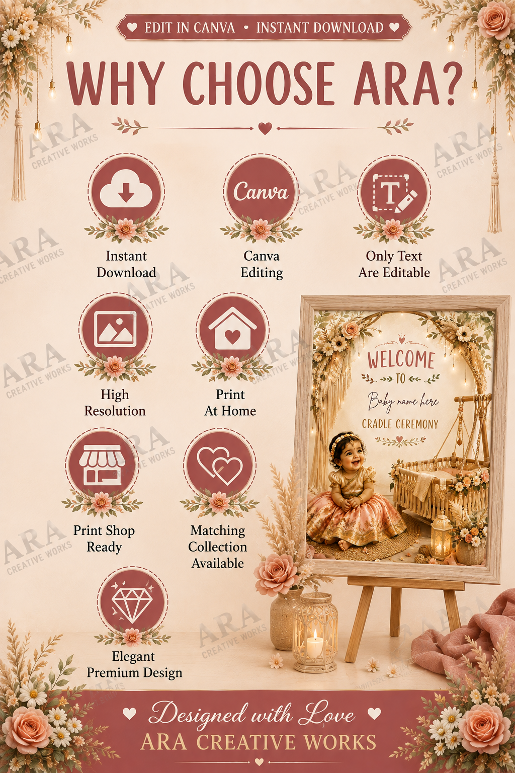 Boho Baby Girl Cradle Ceremony Welcome Sign, Indian Naming Ceremony Welcome Board, Namakaranam Canva Template, Digital Download