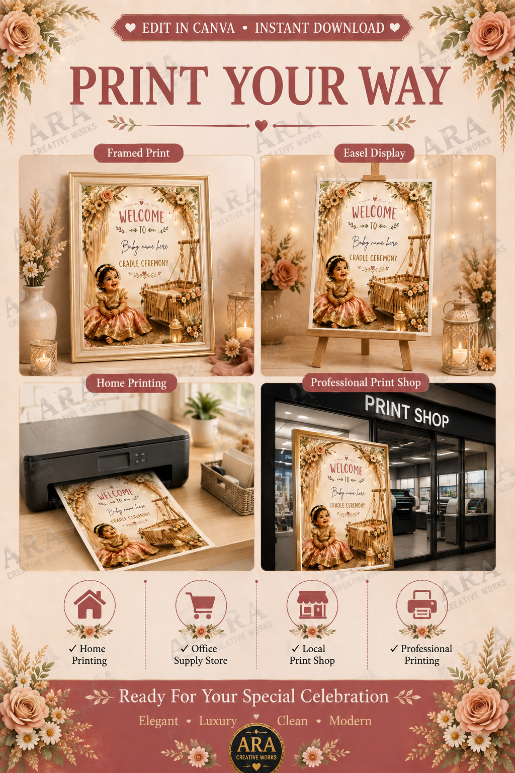 Boho Baby Girl Cradle Ceremony Welcome Sign, Indian Naming Ceremony Welcome Board, Namakaranam Canva Template, Digital Download
