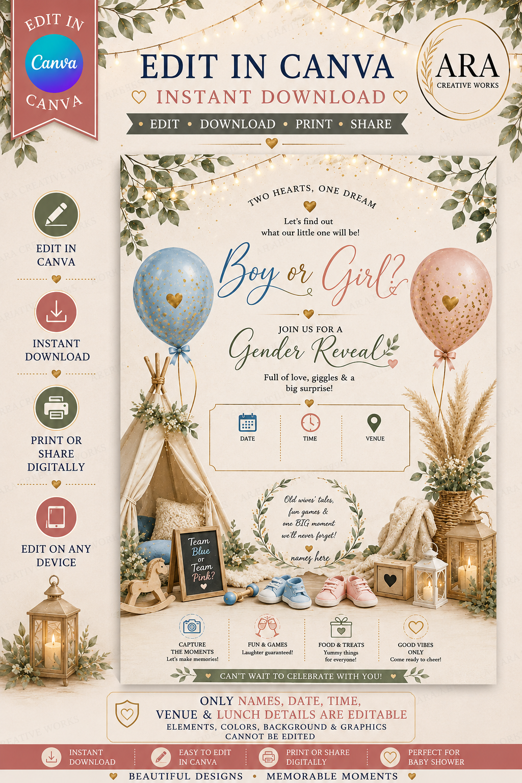 Boho Balloon Gender Reveal Invitation | Editable Canva Template | Instant Download