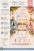 Boho Elephant Gender Reveal Invitation Template, Canva Gender Reveal Invite, He or She Invitation, Team Blue Pink, Baby Reveal