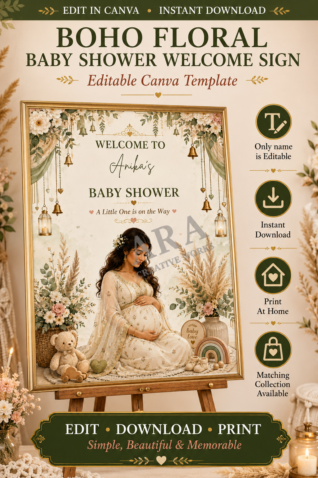 Boho Floral Baby Shower Welcome Sign | Editable Canva Template | Neutral Baby Shower Sign | Boho Pregnancy Welcome Poster | Printable Sign