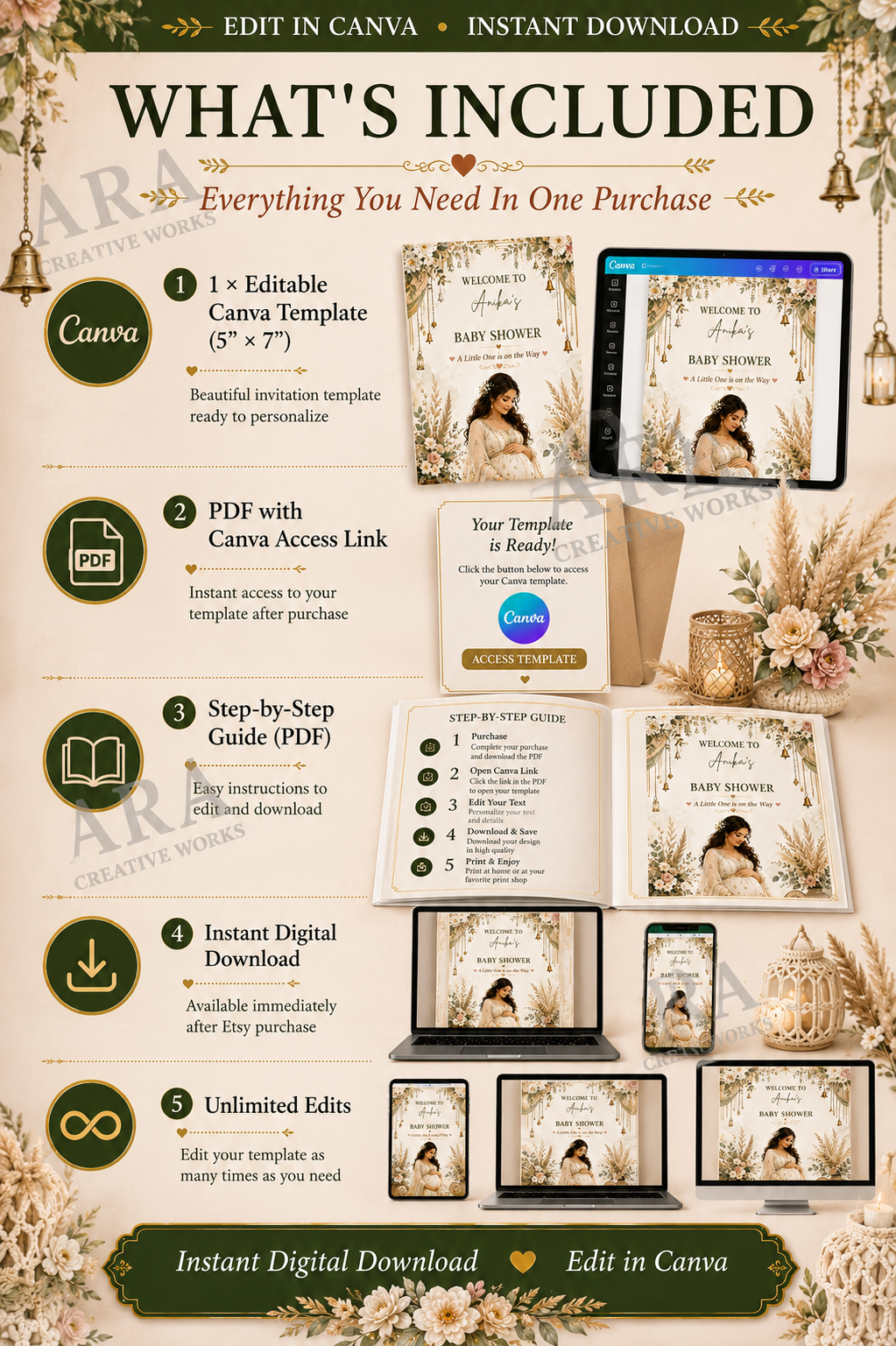 Boho Floral Baby Shower Welcome Sign | Editable Canva Template | Neutral Baby Shower Sign | Boho Pregnancy Welcome Poster | Printable Sign