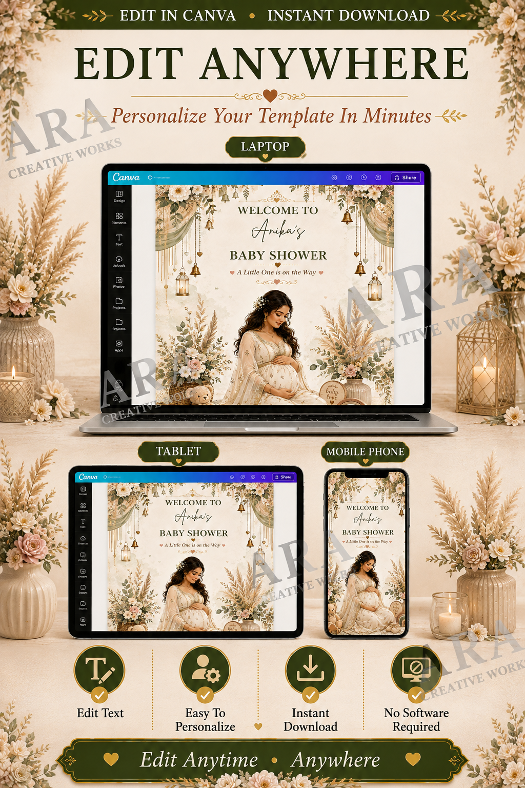Boho Floral Baby Shower Welcome Sign | Editable Canva Template | Neutral Baby Shower Sign | Boho Pregnancy Welcome Poster | Printable Sign