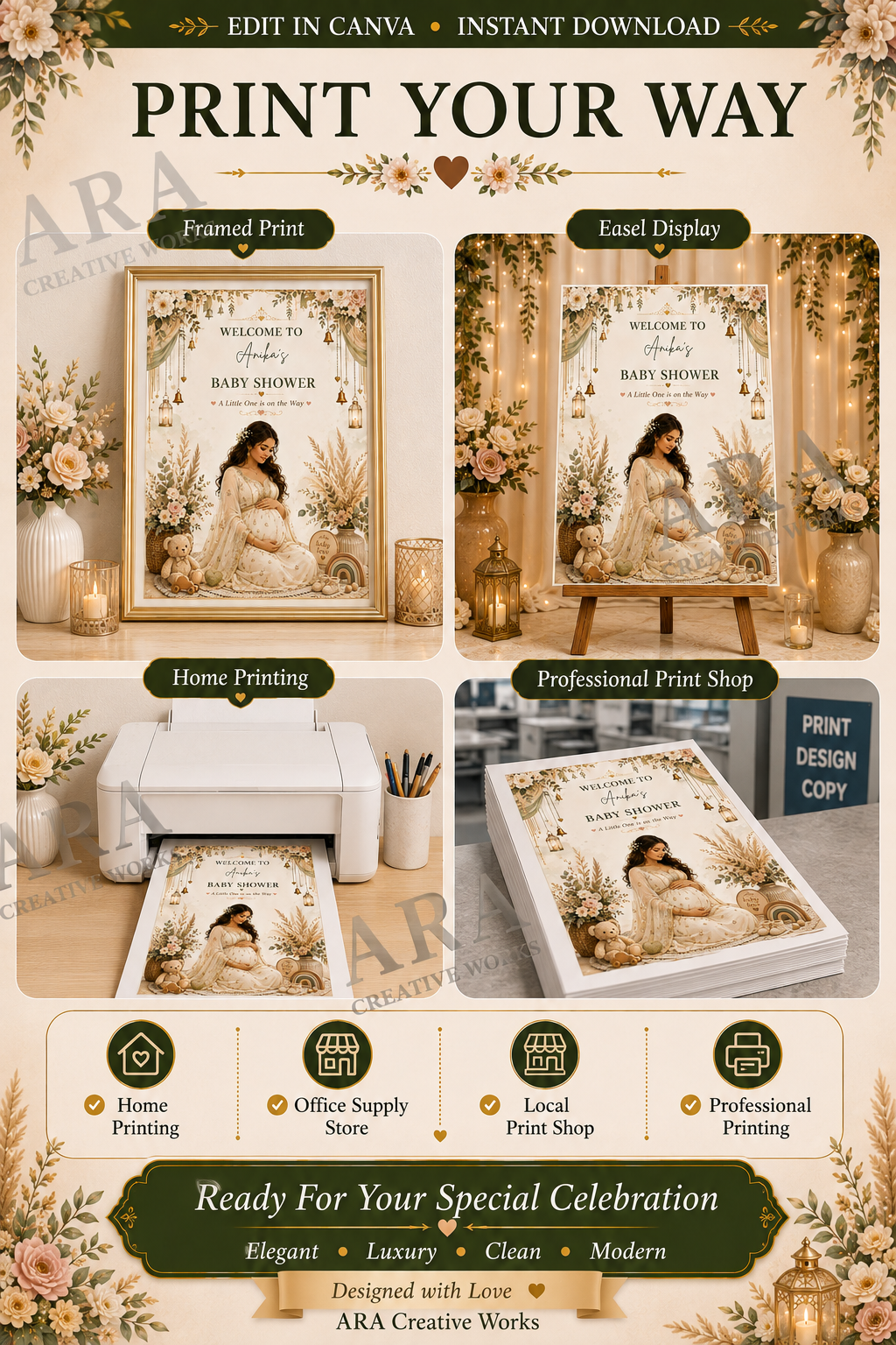 Boho Floral Baby Shower Welcome Sign | Editable Canva Template | Neutral Baby Shower Sign | Boho Pregnancy Welcome Poster | Printable Sign